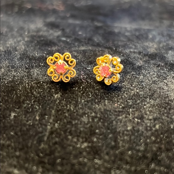 Jewelry - Tiny Gold Plated 925 Scroll Floral Design Pink Stones Earrings